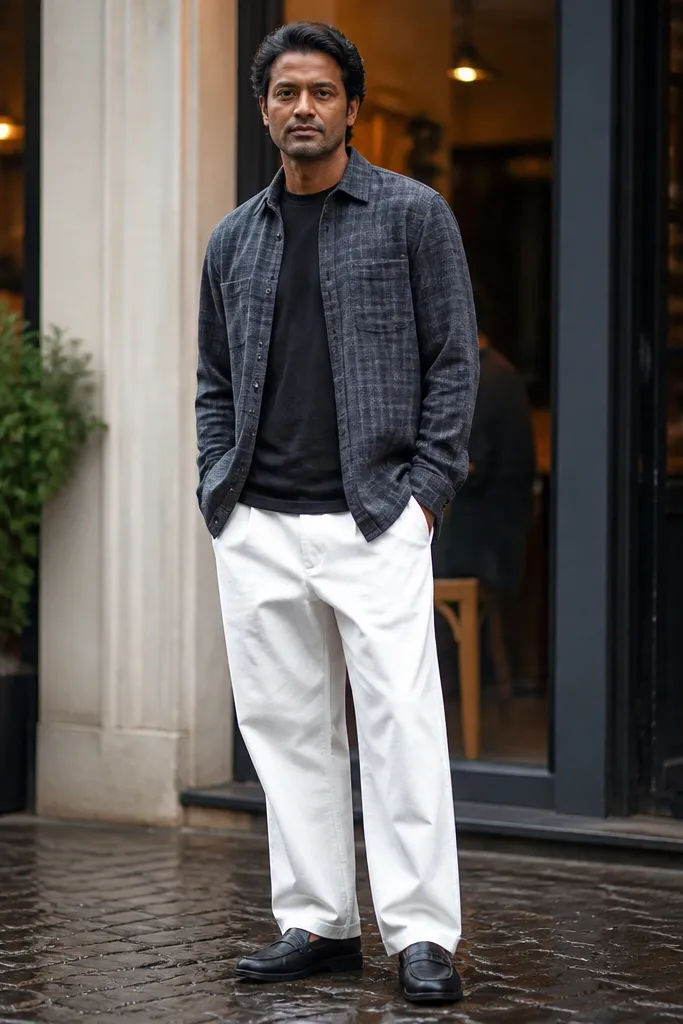 Charcoal flannel shirt with baggy white pants and black leather loafers