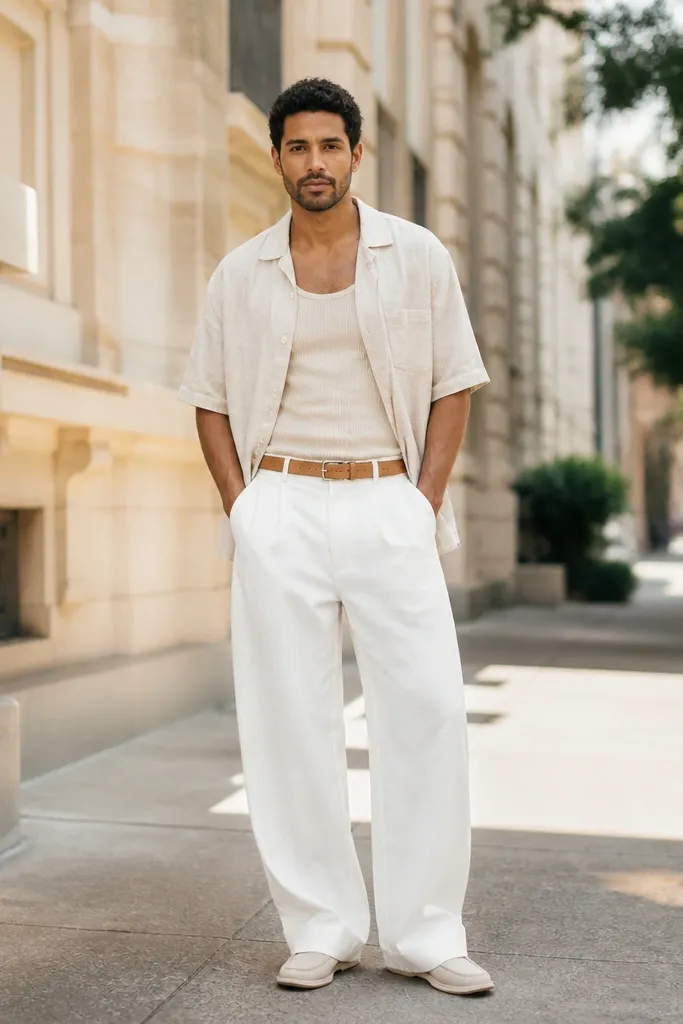 Cream tank and optical white baggy pants with a tan belt and simple sandals