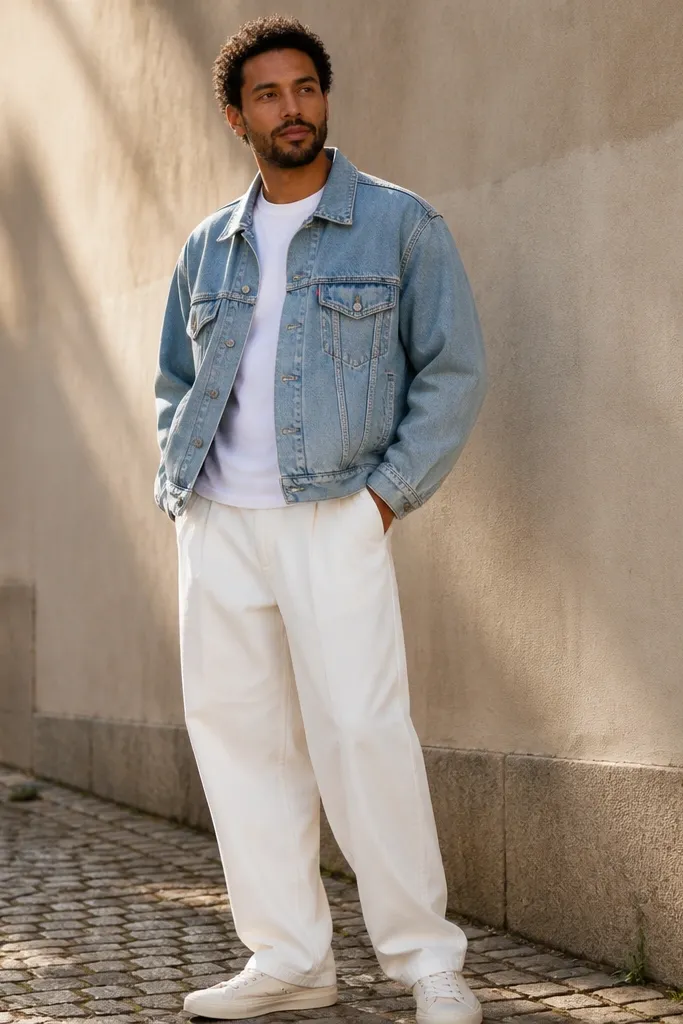 Light blue denim jacket over white tee with baggy white pants and white sneakers