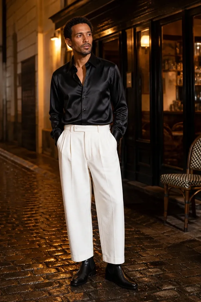 Black satin shirt with baggy white pants and black leather Chelsea boots