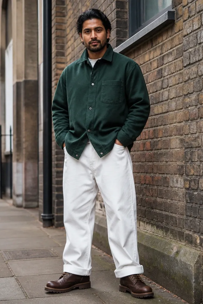 Forest green overshirt with baggy white pants and dark brown work boots