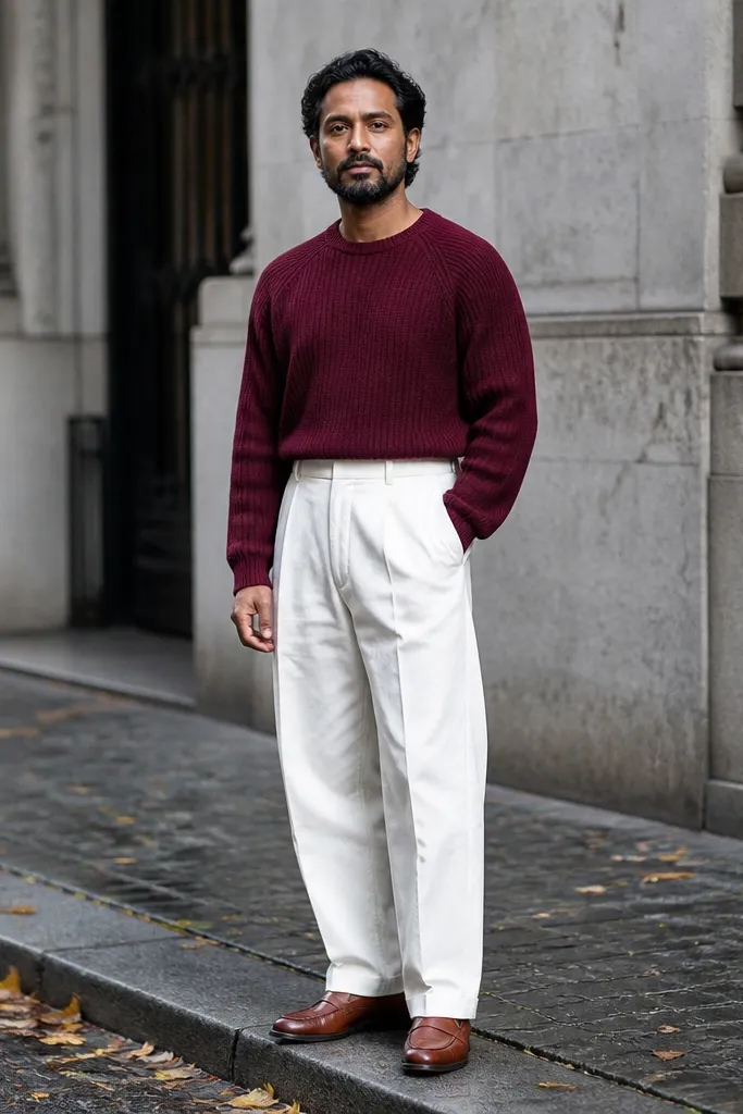 Burgundy knit sweater with baggy white pants and cognac loafers