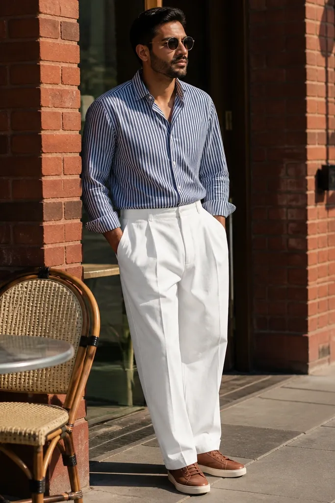 Navy and white striped shirt with baggy white pants and brown leather sneakers