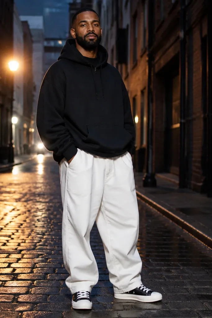 Black hoodie with baggy white pants and white-black high-top sneakers