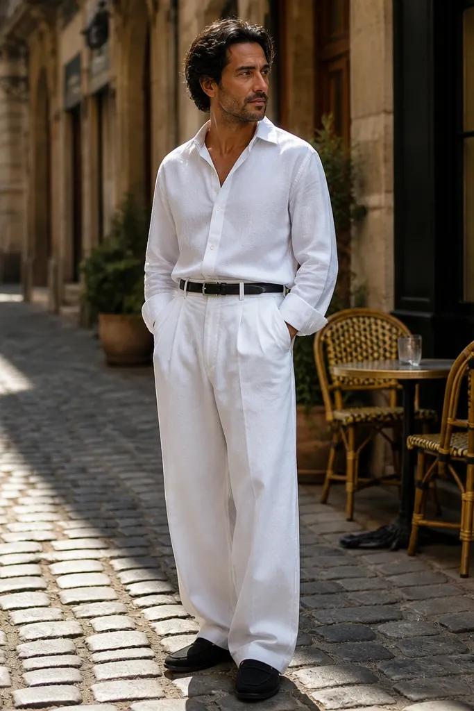 White oxford shirt lightly tucked into baggy white pants with a black belt