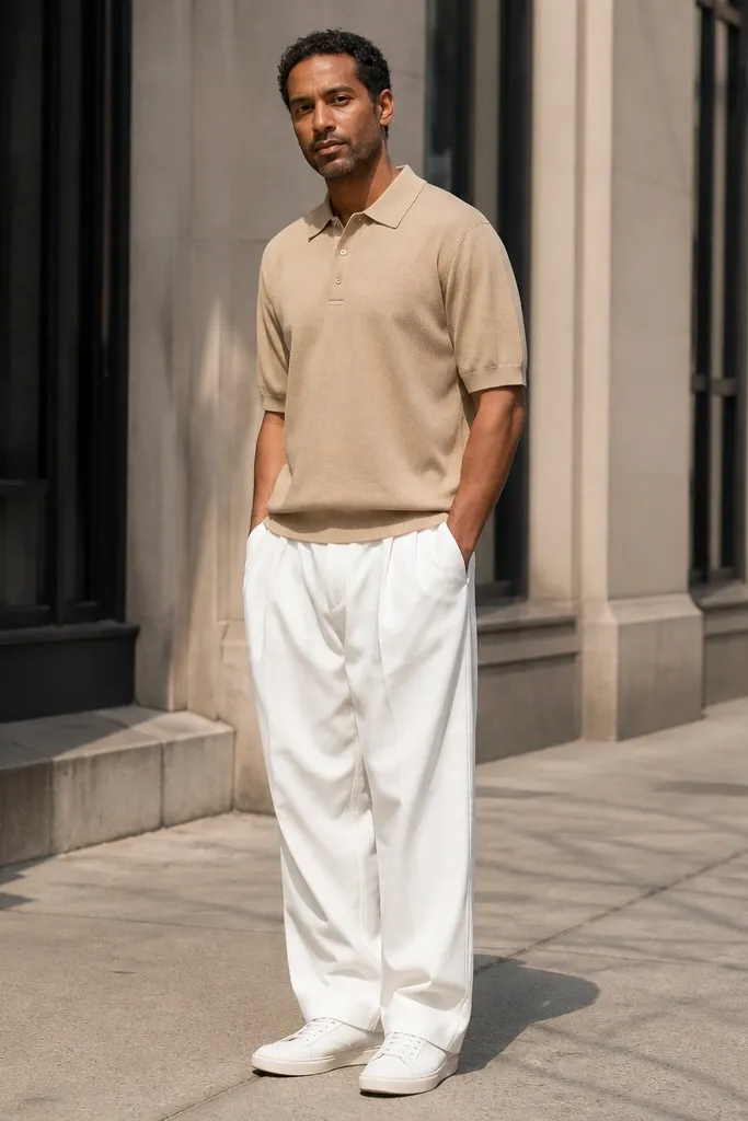 Tan knit polo with baggy white pants and white low-top sneakers