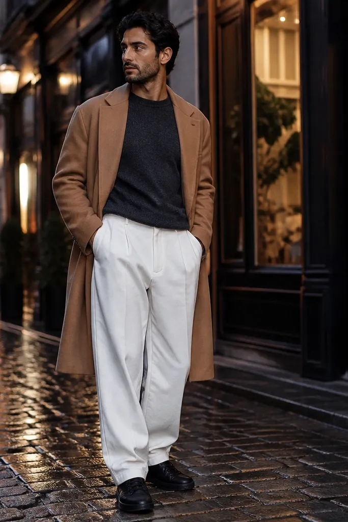 Camel overcoat over dark top with baggy white pants and black leather sneakers