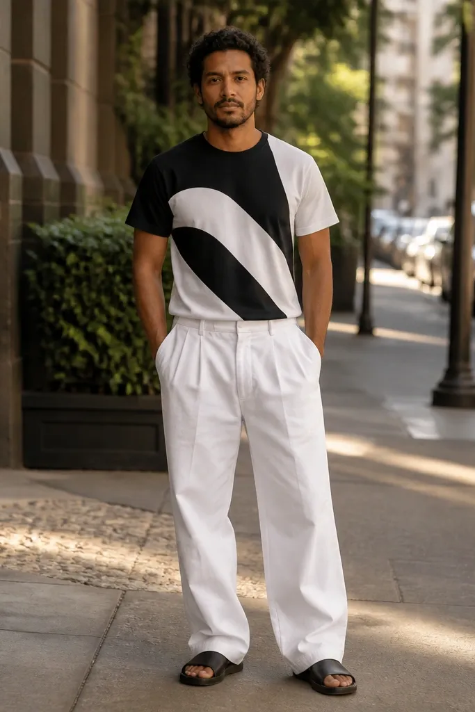 Black and white graphic tee with baggy white pants and black slides
