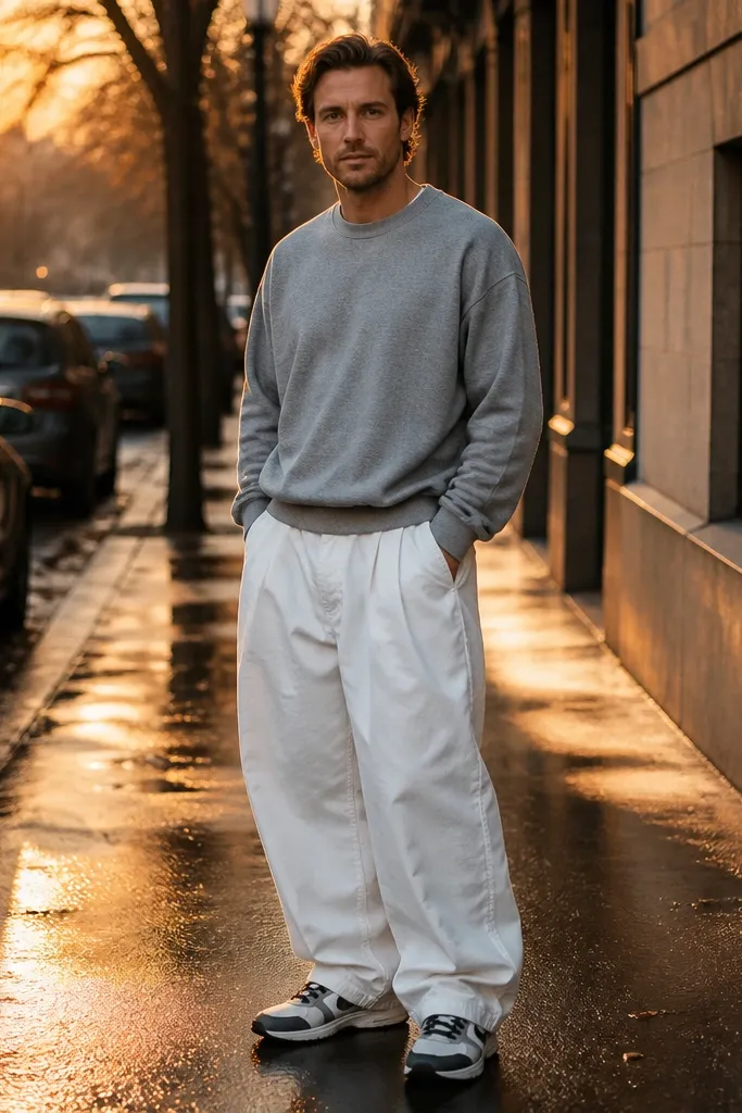 Grey crewneck sweatshirt with baggy white pants and white-black low sneakers