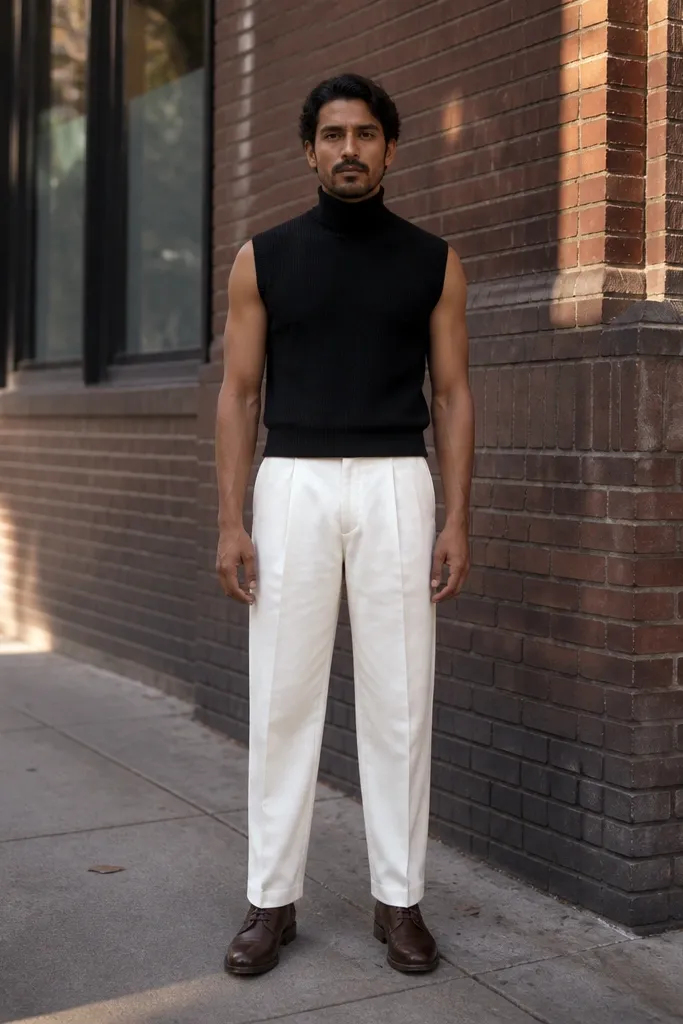 Black sleeveless turtleneck with baggy white pants and brown leather boots