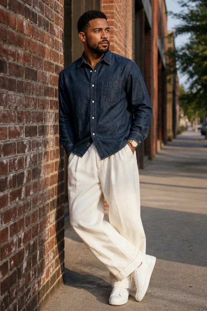 Indigo denim shirt with white baggy pants and white sneakers, gold watch