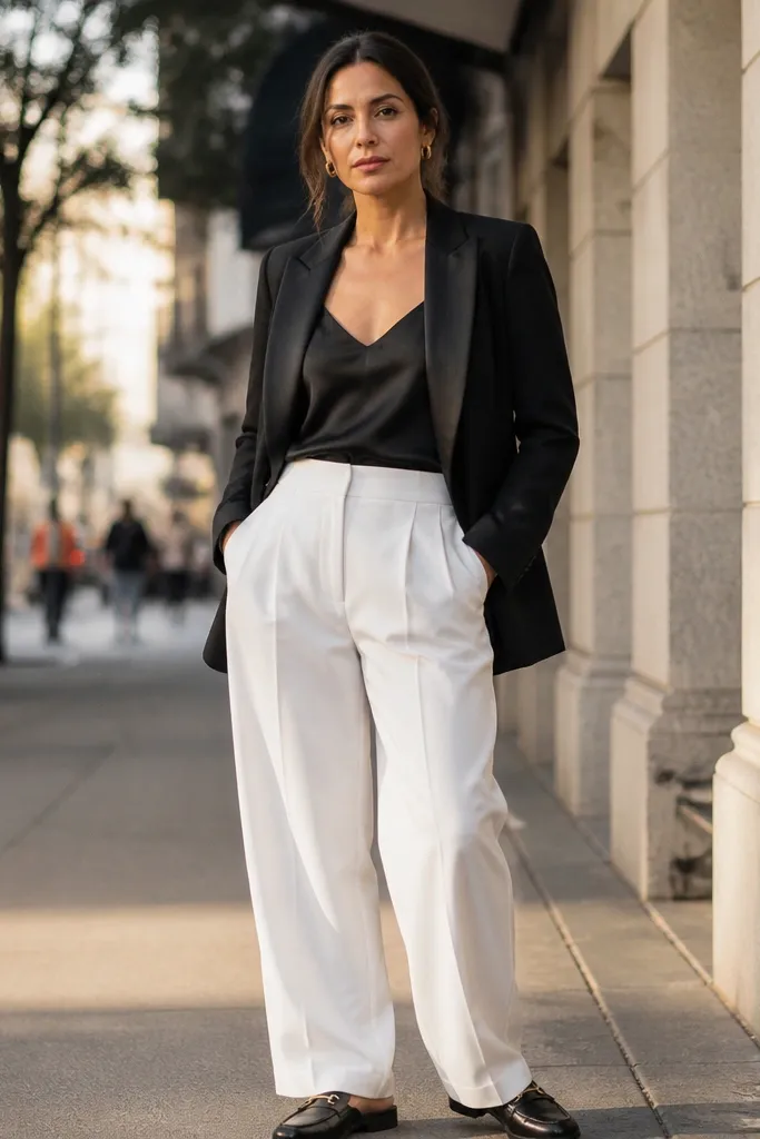 Black satin camisole under a blazer with baggy white pants and black loafers