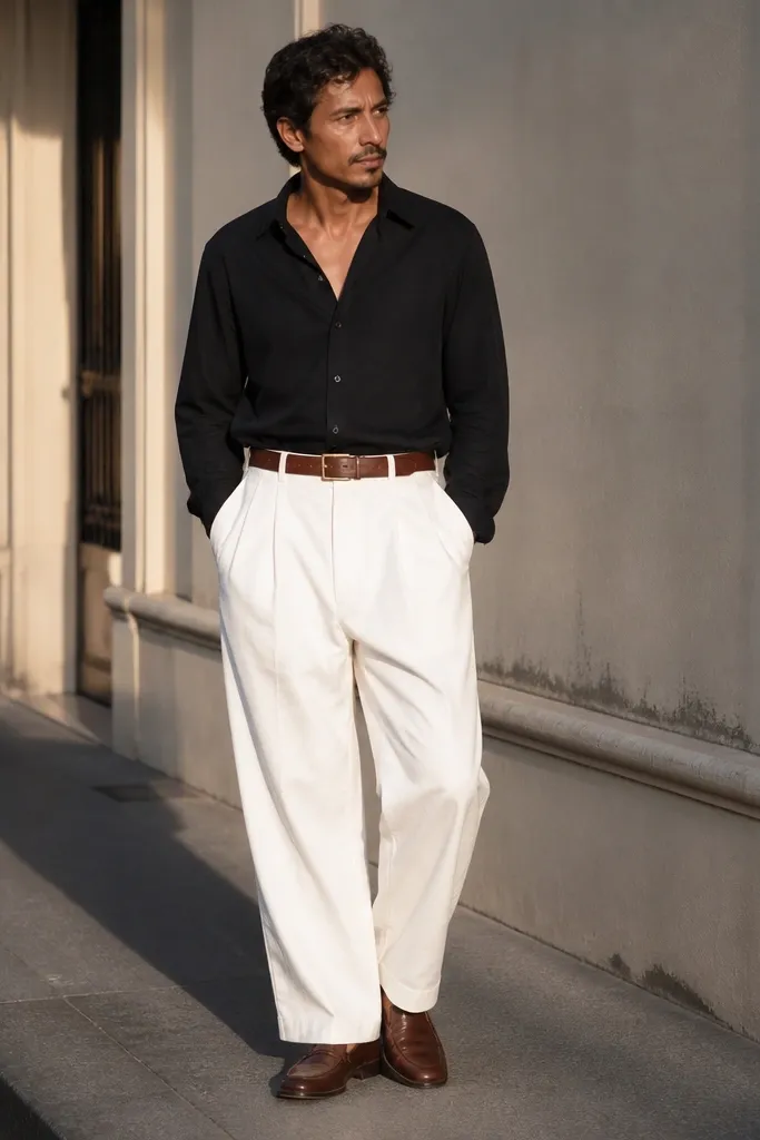 Black button-up French tucked into baggy white pants with tan belt and loafers