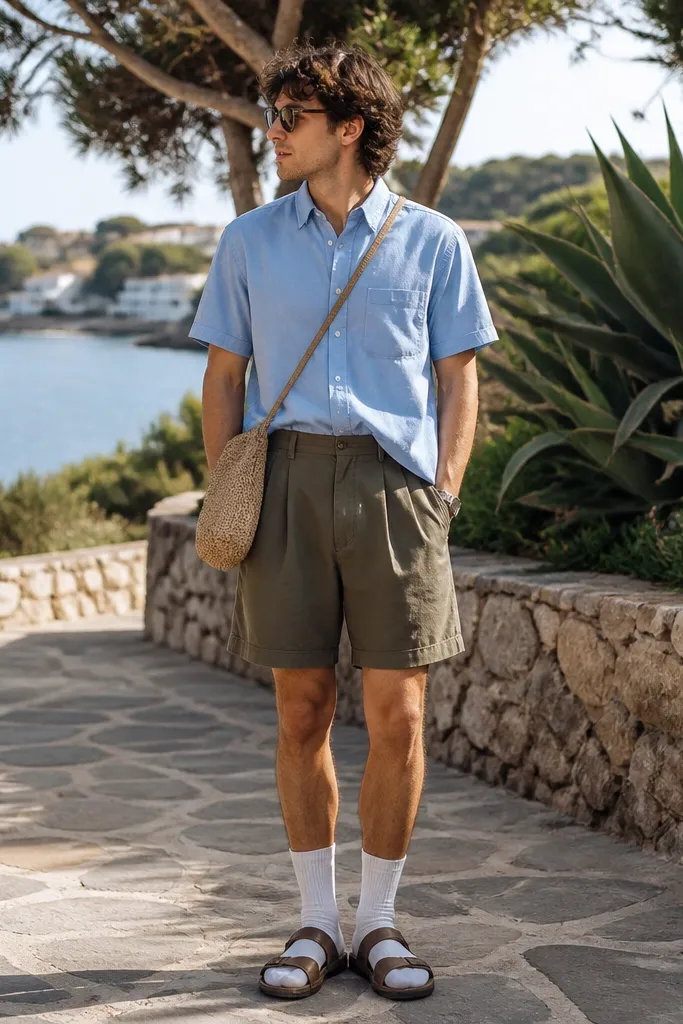 A light blue short-sleeve Oxford button-up worn half-tucked into olive pleated shorts. White crew socks peek above the sandals, and a straw crossbody bag sits at the side.