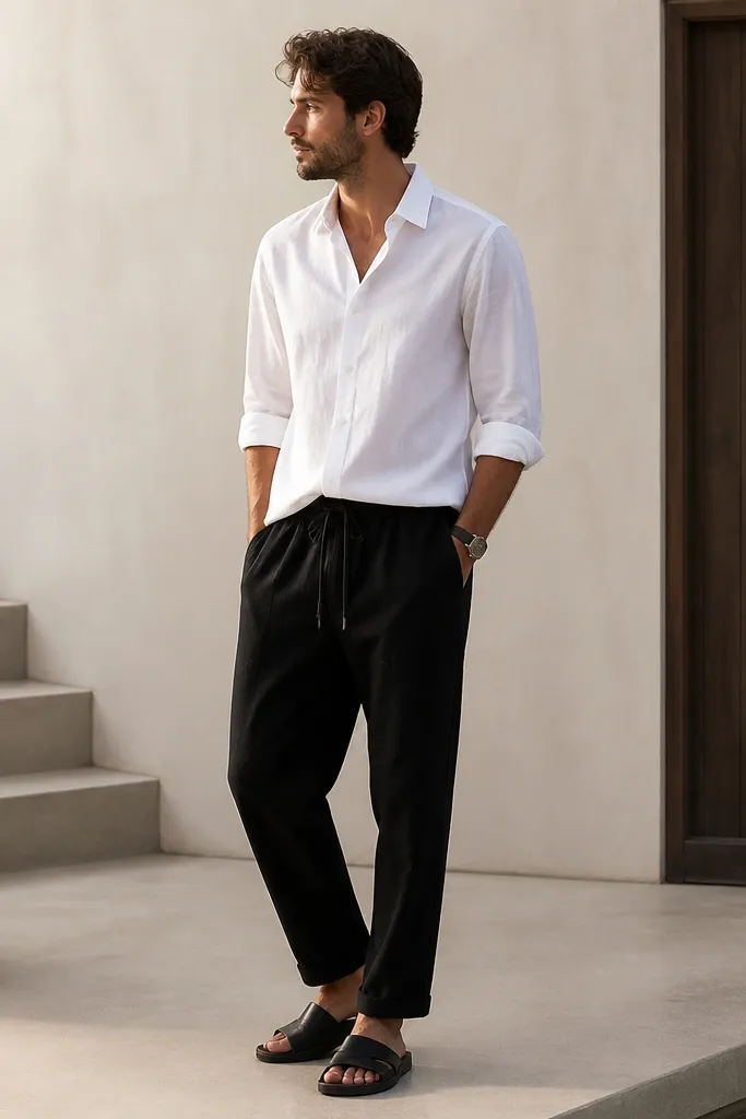 A crisp white long-sleeve button-up worn with sleeves rolled to the forearm, paired with black linen drawstring trousers. Minimal black slide sandals and a black leather watch.