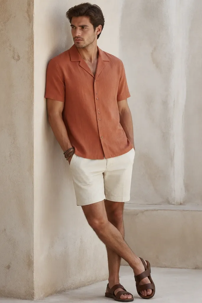 A terracotta short-sleeve camp shirt worn buttoned, paired with ecru chino shorts. Brown leather sandals and a woven bracelet stack on the wrist.