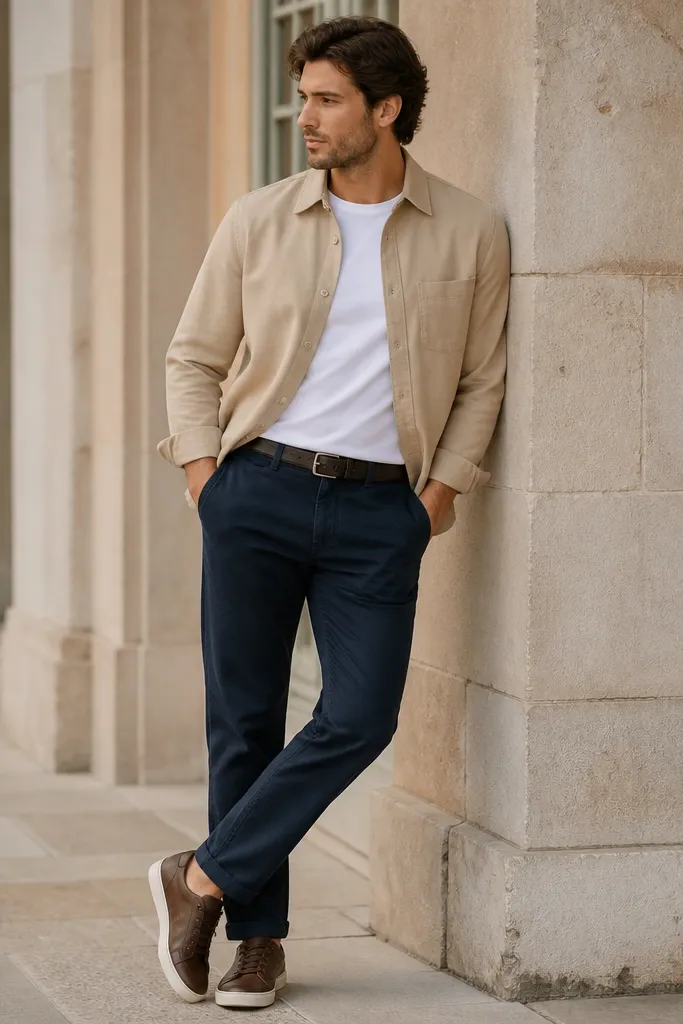A sand-colored lightweight overshirt worn over a white tee, paired with navy straight-leg jeans. Dark brown leather sneakers and a simple canvas belt.