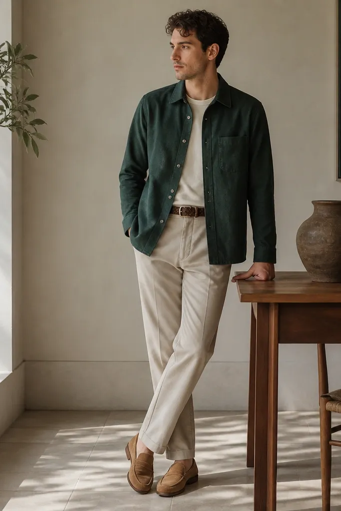 A forest green lightweight overshirt worn buttoned over a cream tee, paired with beige straight trousers. Tan suede loafers and a braided belt.