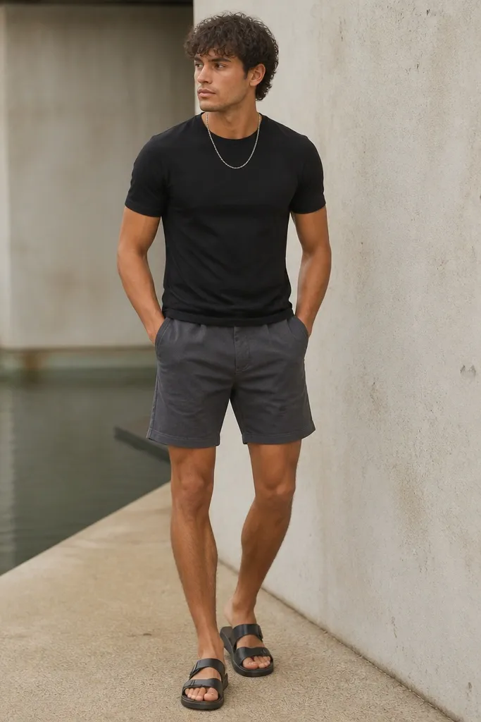 A fitted black crew-neck t-shirt paired with charcoal linen-tailored shorts. Flat leather sandals and a thin silver chain.