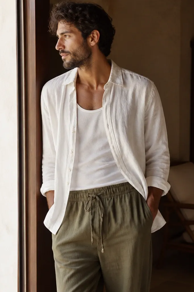 A linen button-up in pale khaki worn open over a white tank, paired with olive drawstring pants. Tan leather sandals and a crossbody bag.