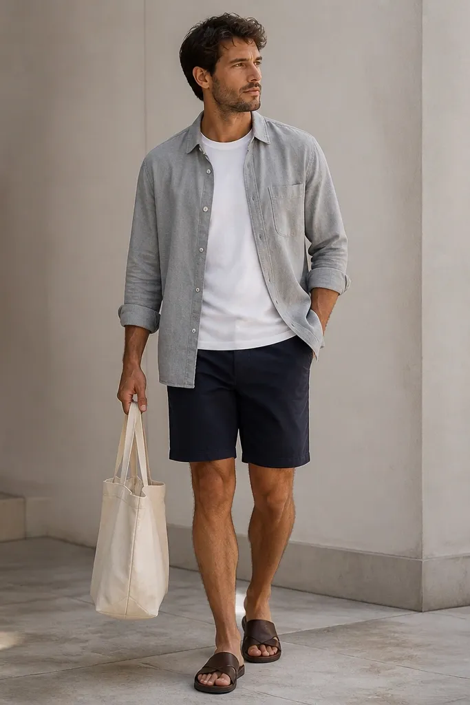 A light grey long-sleeve overshirt worn open over a white tee, paired with navy chino shorts. Leather slides in dark brown and a simple canvas tote.
