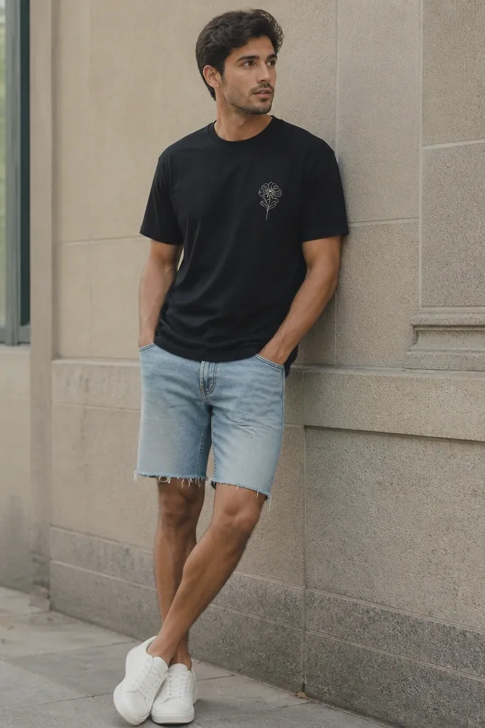A man in a black crewneck tee with a small chest graphic, light-wash denim shorts with a frayed hem, and white low-top sneakers.