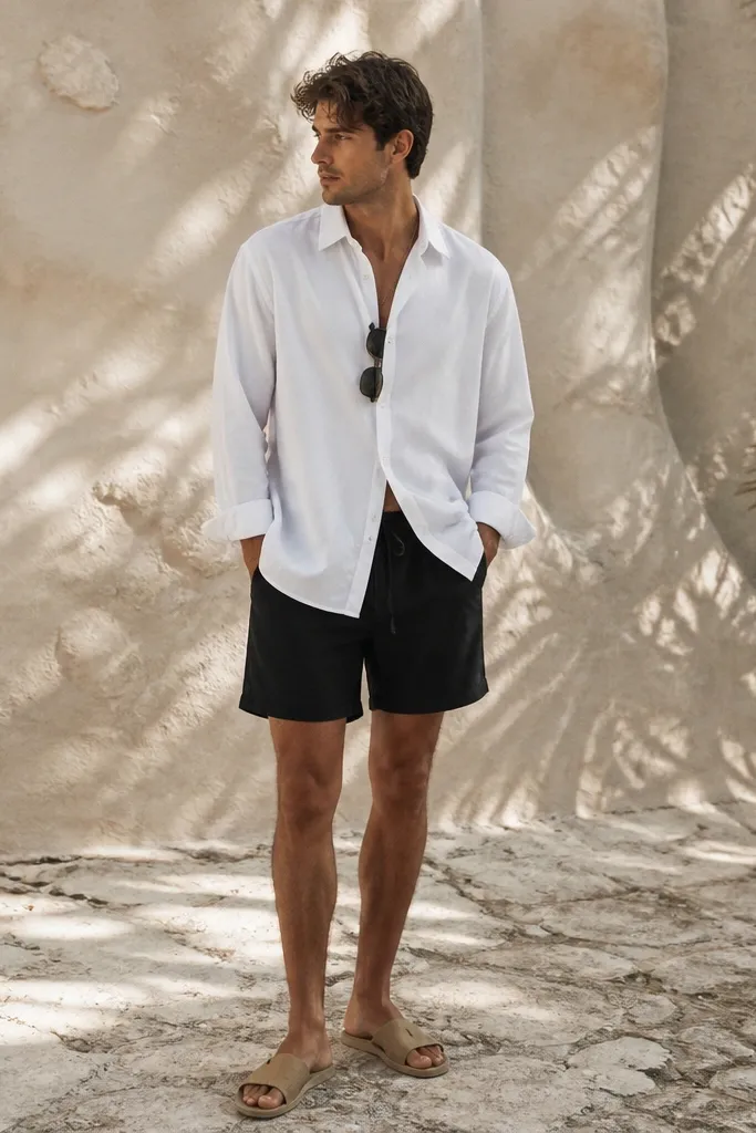 A man wearing a slightly oversized white button-front overshirt over black swim trunks, with tan sandals and a pair of sunglasses on the shirt placket.