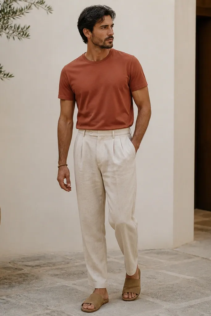 A man wearing a terracotta short-sleeve tee tucked into ecru linen trousers, paired with tan slides and a woven bracelet.