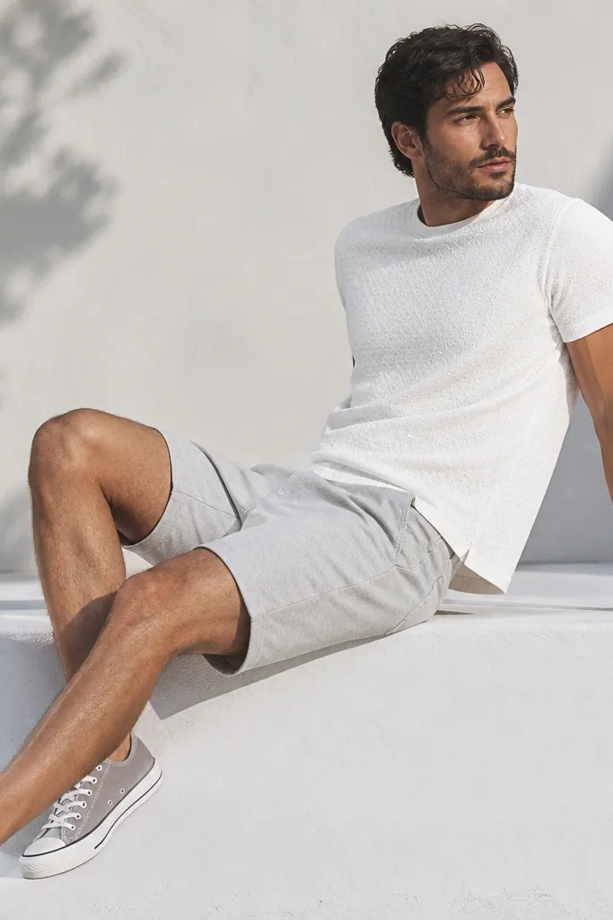 A man wearing a textured white tee with a subtle knit pattern and light gray shorts, plus gray canvas sneakers.