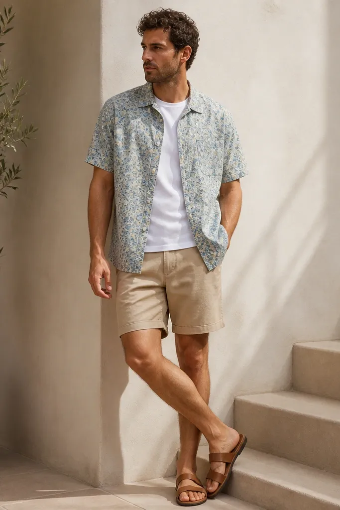 A man in a short-sleeve camp shirt with a small floral pattern in muted blue and green, worn over a white tee, paired with tan shorts and brown leather sandals.