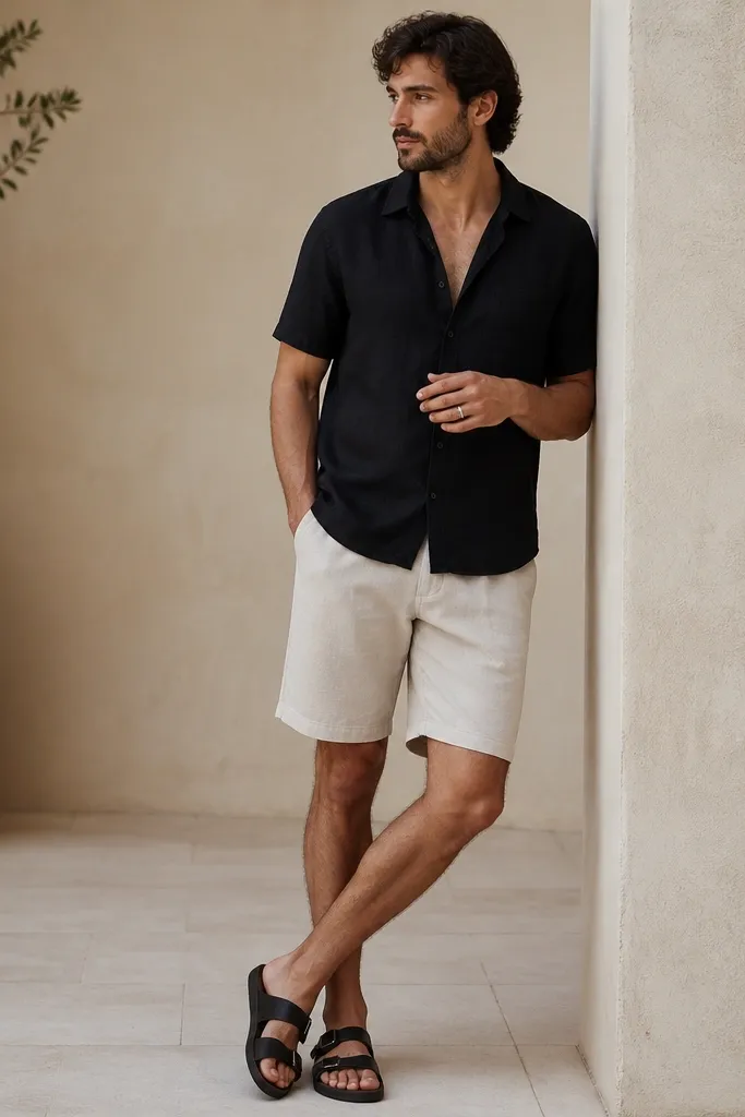 A man in a black linen short-sleeve shirt buttoned halfway, paired with stone-colored chino shorts, black leather sandals, and a silver ring.