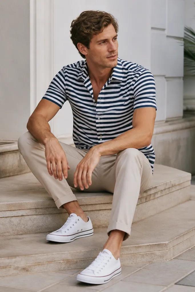 Man wearing a navy-and-white striped short-sleeve button-up with the top button open, paired with light tan chinos and white low-top canvas shoes. The stripes are crisp and horizontal.