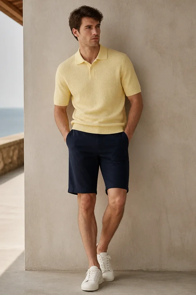 Man wearing a pastel yellow short-sleeve knit polo with a tidy collar, paired with navy mid-length shorts and white sneakers. The polo looks slightly textured, not jersey-slinky.