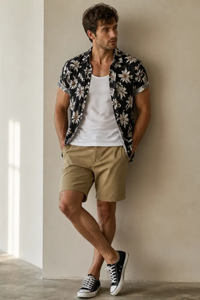 Man wearing an open black-and-white floral short-sleeve button-up with a white tank underneath, paired with khaki shorts and black canvas sneakers. The shirt hangs relaxed with sleeves slightly rolled.