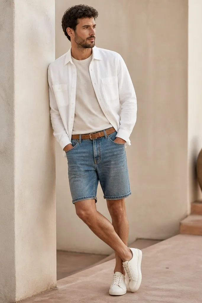 Man wearing a white lightweight overshirt (slight utility pockets), layered over a pale tee, paired with medium-wash denim shorts and a tan leather belt. Canvas sneakers are off-white.