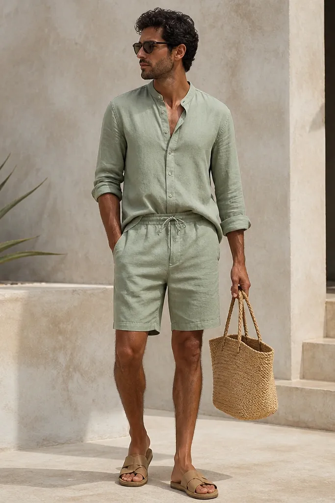 Man in a sage green linen shirt with a short collar, paired with matching drawstring shorts. The set looks coordinated and airy, with tan slides and a straw-look bag.