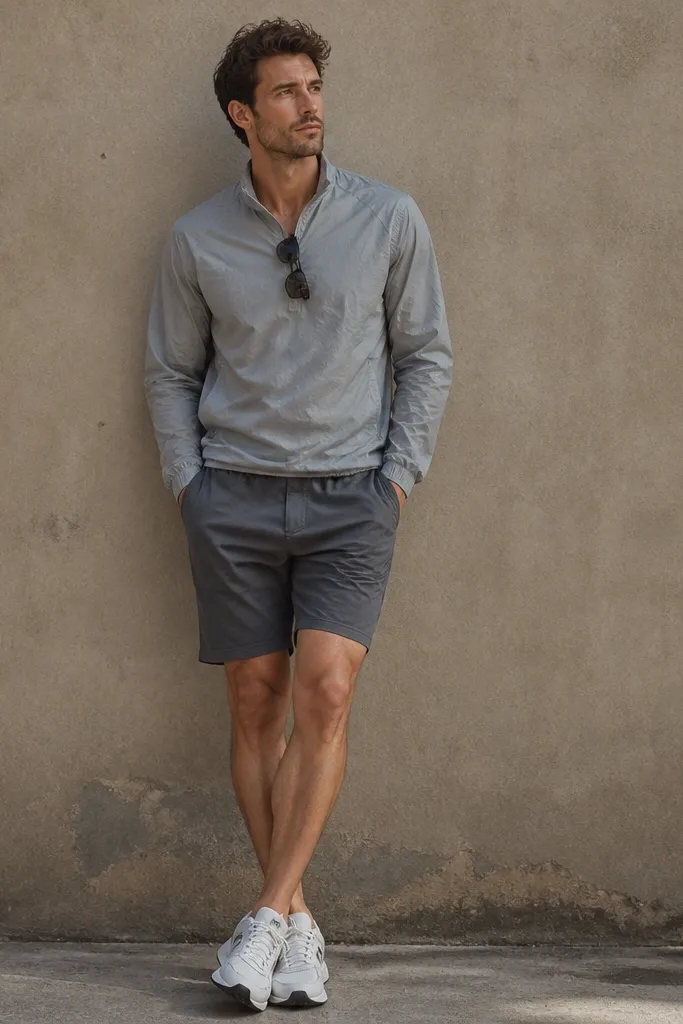 Man wearing a lightweight gray recycled nylon shell top with a half-zip and subtle sheen, paired with darker gray sweat-shorts and white running sneakers. Sunglasses sit on the collar.