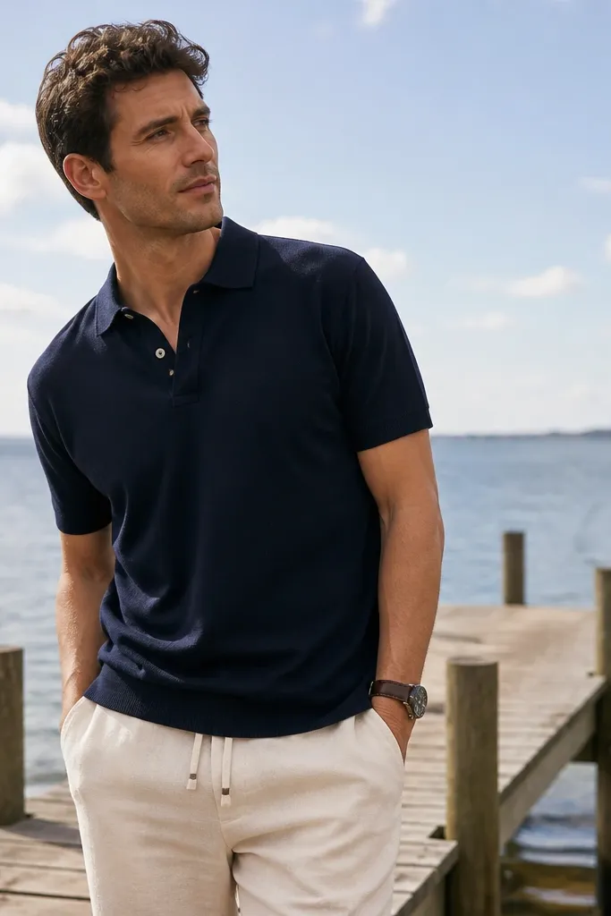 A deep navy polo worn untucked over loose ecru drawstring trousers; a dark brown leather watch strap is visible. The outfit is photographed near a wooden dock with bright sky.