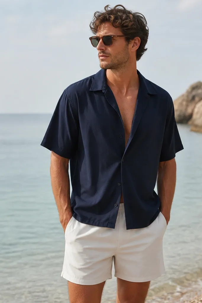 A man in white swim trunks with minimal branding, wearing a navy camp collar button shirt that's open at the top. The shirt has short sleeves and a relaxed fit.
