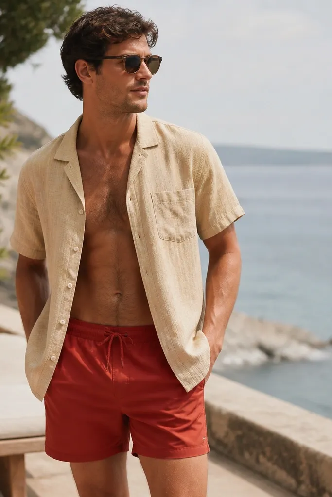 A man wearing red swim shorts paired with a tan short-sleeve button-down shirt. The shirt is unbuttoned and the fabric looks breathable.