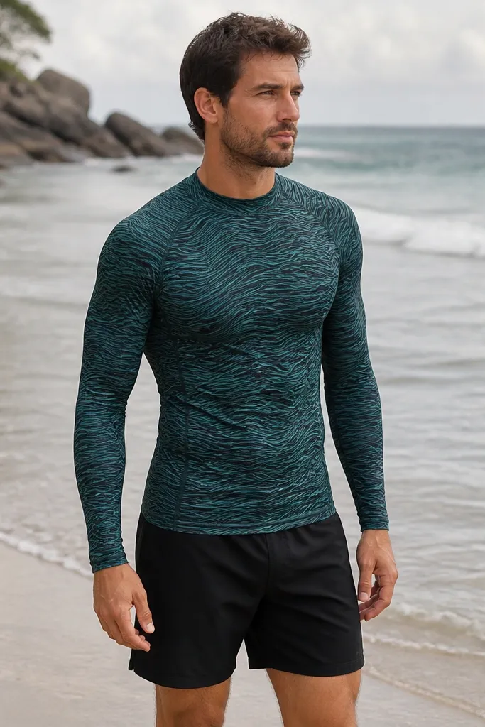 A man wearing a patterned rashguard with small waves in teal and black, paired with solid black swim trunks. The rashguard looks snug and smooth, no bunching at the waist.
