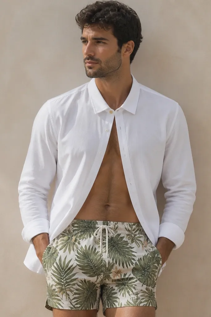 A man wearing tropical print swim shorts with leafy patterns and a solid white button-down shirt. The shirt is open with one button fastened at the collar level, showing the shorts waistband.