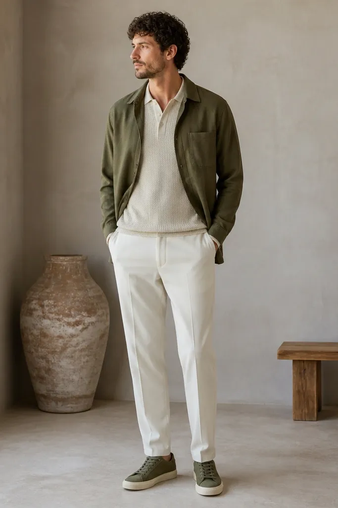 A man wearing a cream knit polo under an olive lightweight overshirt. The outfit is paired with off-white trousers and olive canvas sneakers with rubber soles.