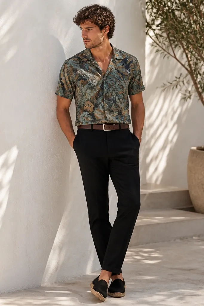 A man wearing a muted tropical print short-sleeve button-down in teal, tan, and black, paired with black trousers. He has a brown leather belt and black espadrille-style slip-ons.