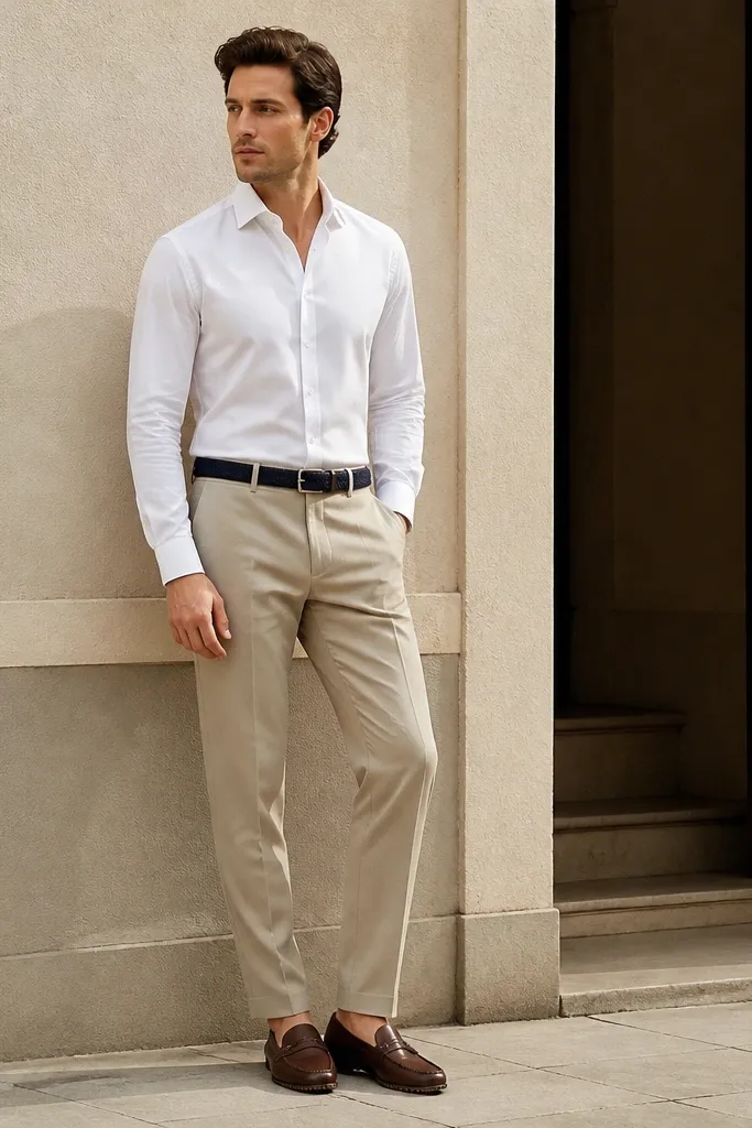 A man in a white cotton poplin shirt with a crisp collar, paired with light tan suit trousers. He wears a navy woven belt and brown leather loafers with textured soles.