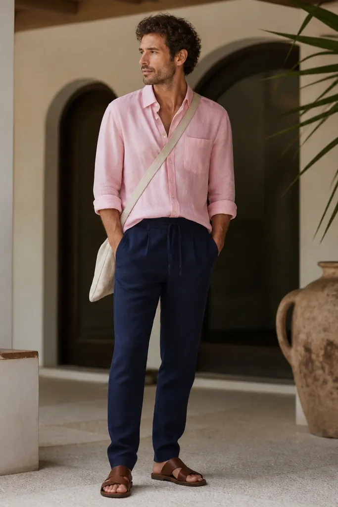 A man wearing a pastel pink linen shirt with sleeves rolled to mid-forearm, paired with navy trousers that have a subtle drawstring waist. He wears brown leather sandals and a light canvas crossbody bag.