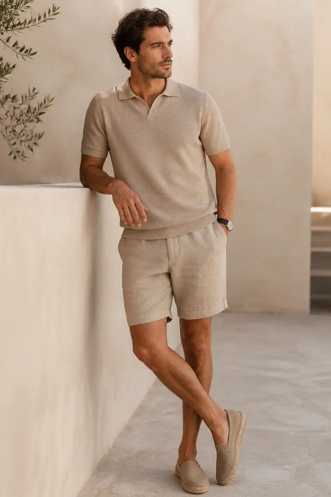 A man wearing a tan knit polo with a collar and short sleeves, paired with matching tan linen shorts. He wears espadrille-style slip-ons and a watch with a leather strap.