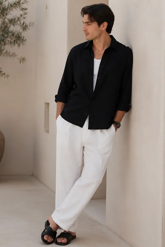 A man wearing an open-collar black linen shirt over a white undershirt, paired with white wide-leg trousers. He wears black leather slides with rubber grips and a black watch.