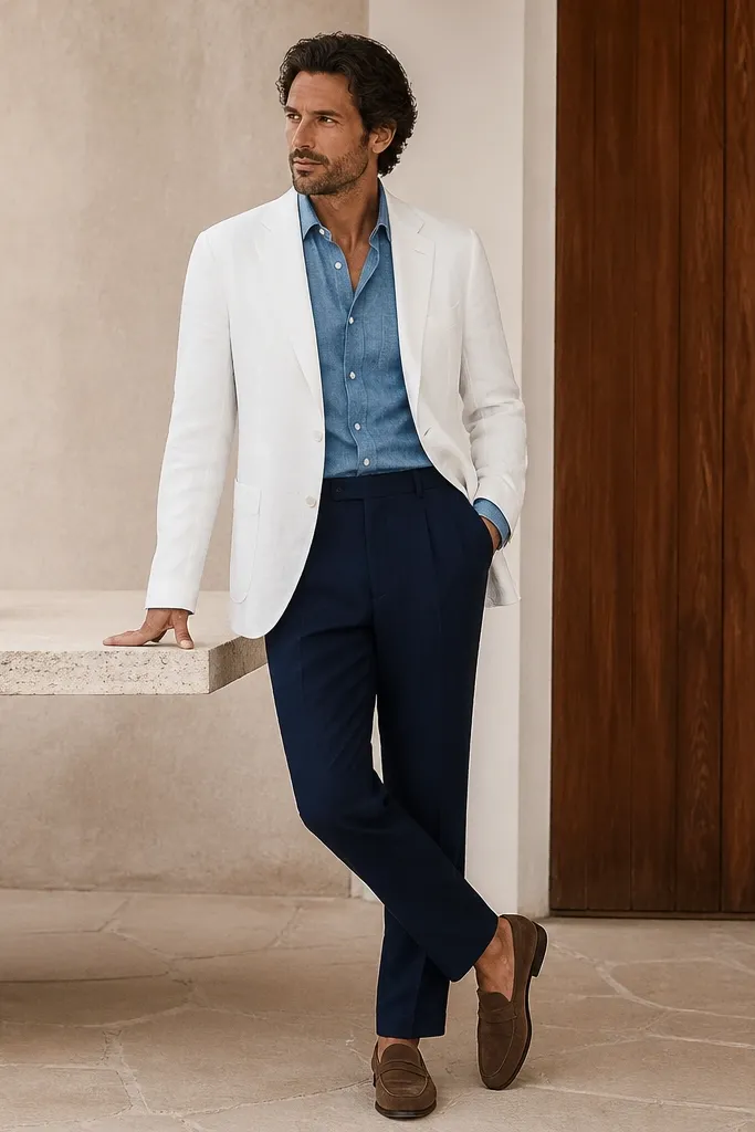 A man in a white linen blazer with no lining, wearing a blue chambray button-down underneath. He pairs it with navy trousers and brown loafers.
