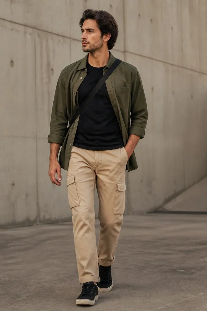 A man wearing beige cargo pants with a fitted black t-shirt and an olive green overshirt worn open. He has black low-top sneakers and a crossbody bag strap across his chest.